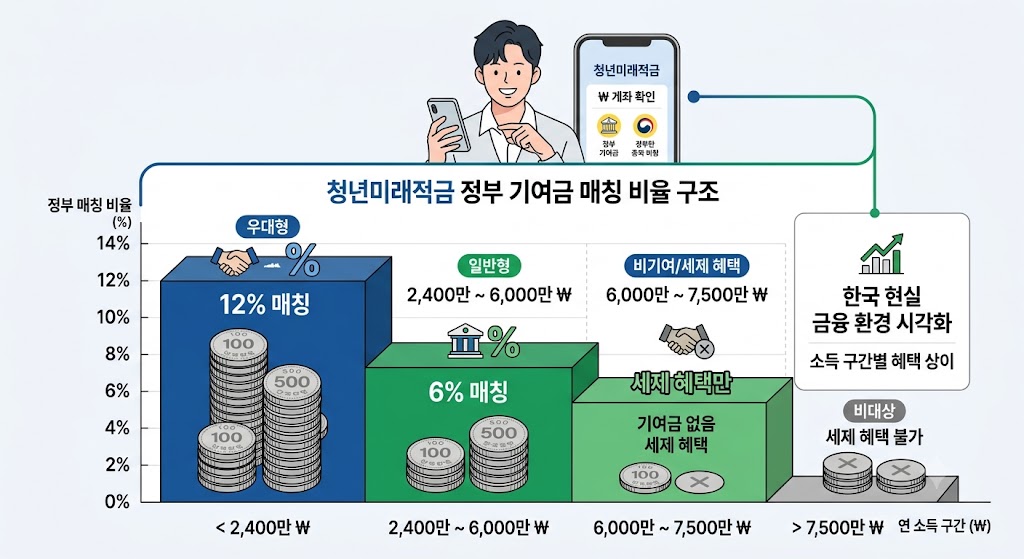 소득 구간이 낮을수록 정부 기여금 매칭 비율이 최대 6.0퍼센트까지 높아지는 청년도약계좌의 진보적 지원 구조 시각화 데이터