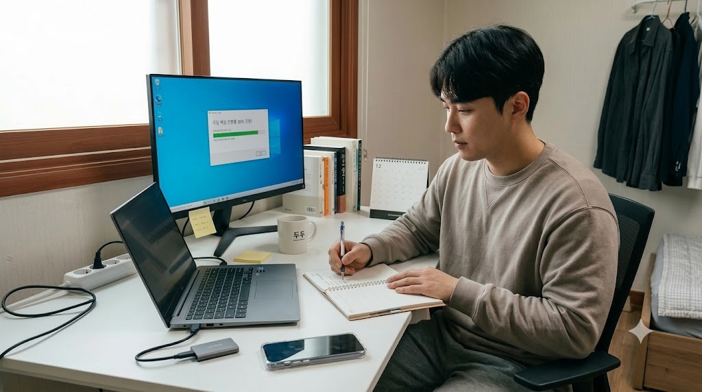 노트북과 외장 SSD 연결을 통해 안전한 파일 백업을 점검하는 한국인 직장인의 작업 환경
