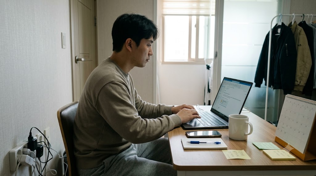 랜섬웨어 예방을 위해 의심스러운 이메일 첨부파일을 확인하는 직장인 데스크 환경