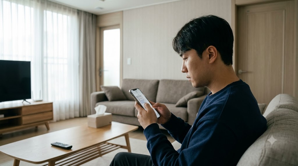 스미싱 예방을 위해 스마트폰으로 수신된 의심스러운 택배 알림 문자를 확인하는 모습