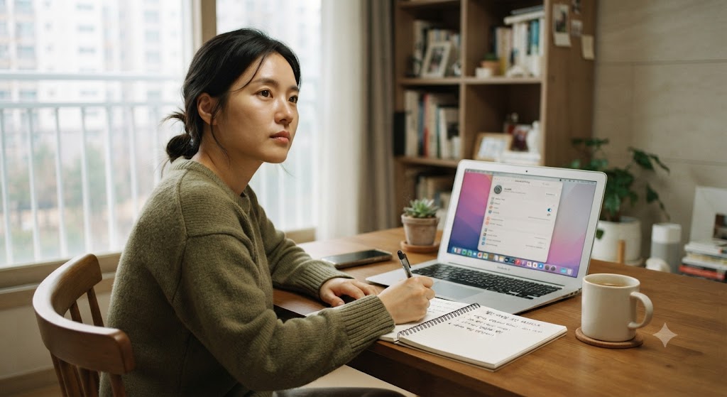 개인정보 유출 방지 루틴 점검을 위해 월간 보안 체크리스트 노트를 작성하는 모습