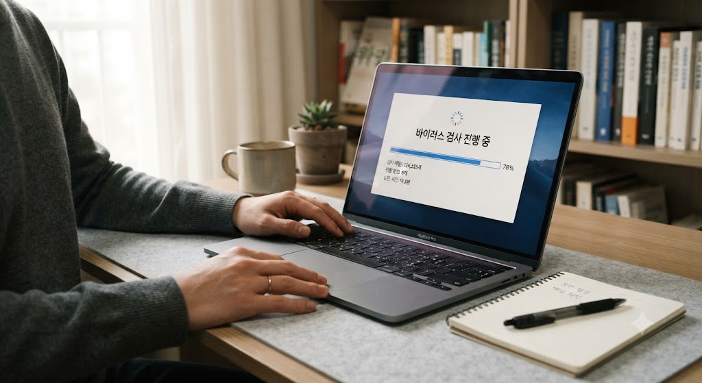 개인정보 유출 방지 루틴에 따라 노트북에서 정기 백신 정밀 검사를 실행하는 모습