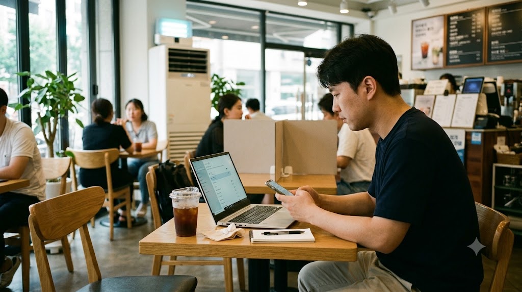 공공 와이파이 보안 설정을 위해 카페에서 스마트폰과 노트북 무선 연결을 점검하는 모습