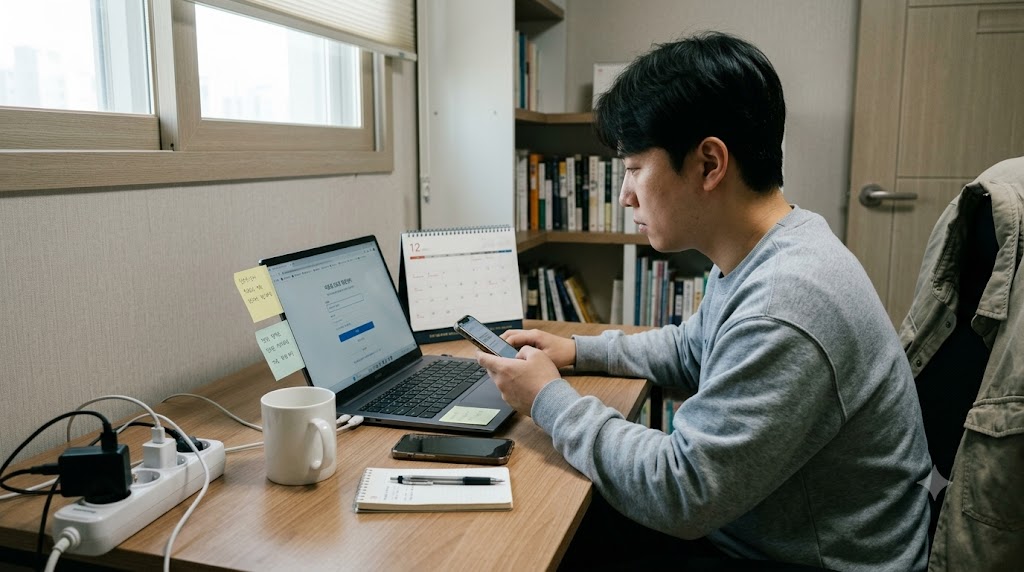 비밀번호 관리 프로그램 설정을 위해 노트북과 스마트폰으로 계정 금고를 점검하는 모습
