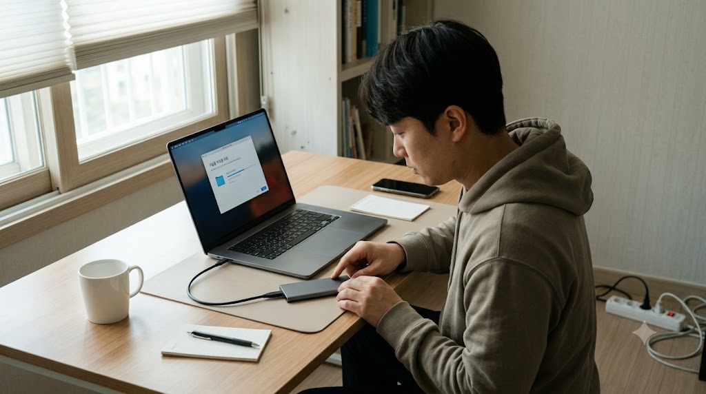 수명이 다해가는 SSD와 HDD 고장 전조 증상을 점검하기 위해 노트북에 외장 저장장치를 연결하는 모습